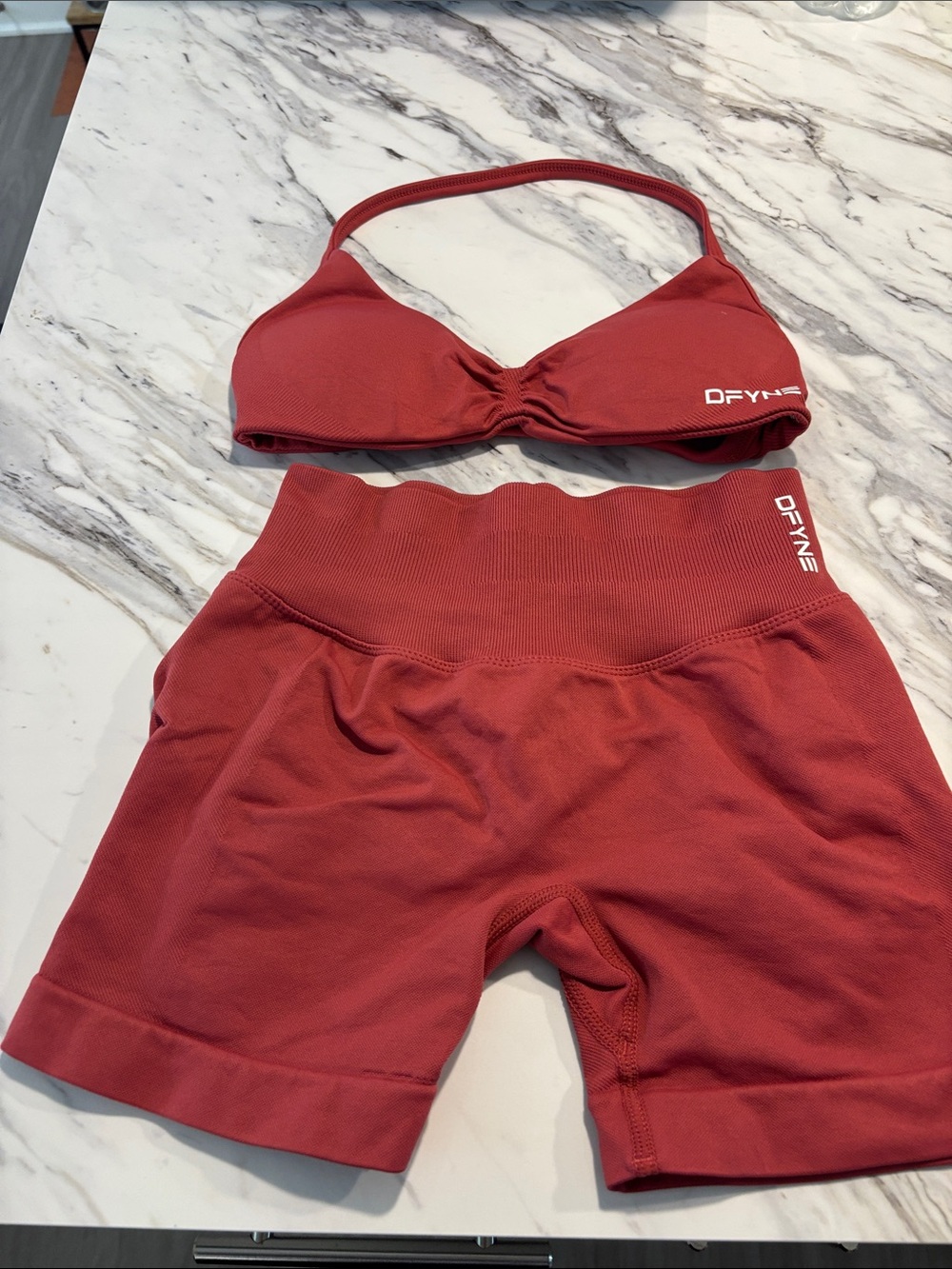 DFYNE Women's High-Rise Athletic Shorts and Bra in Brick Red